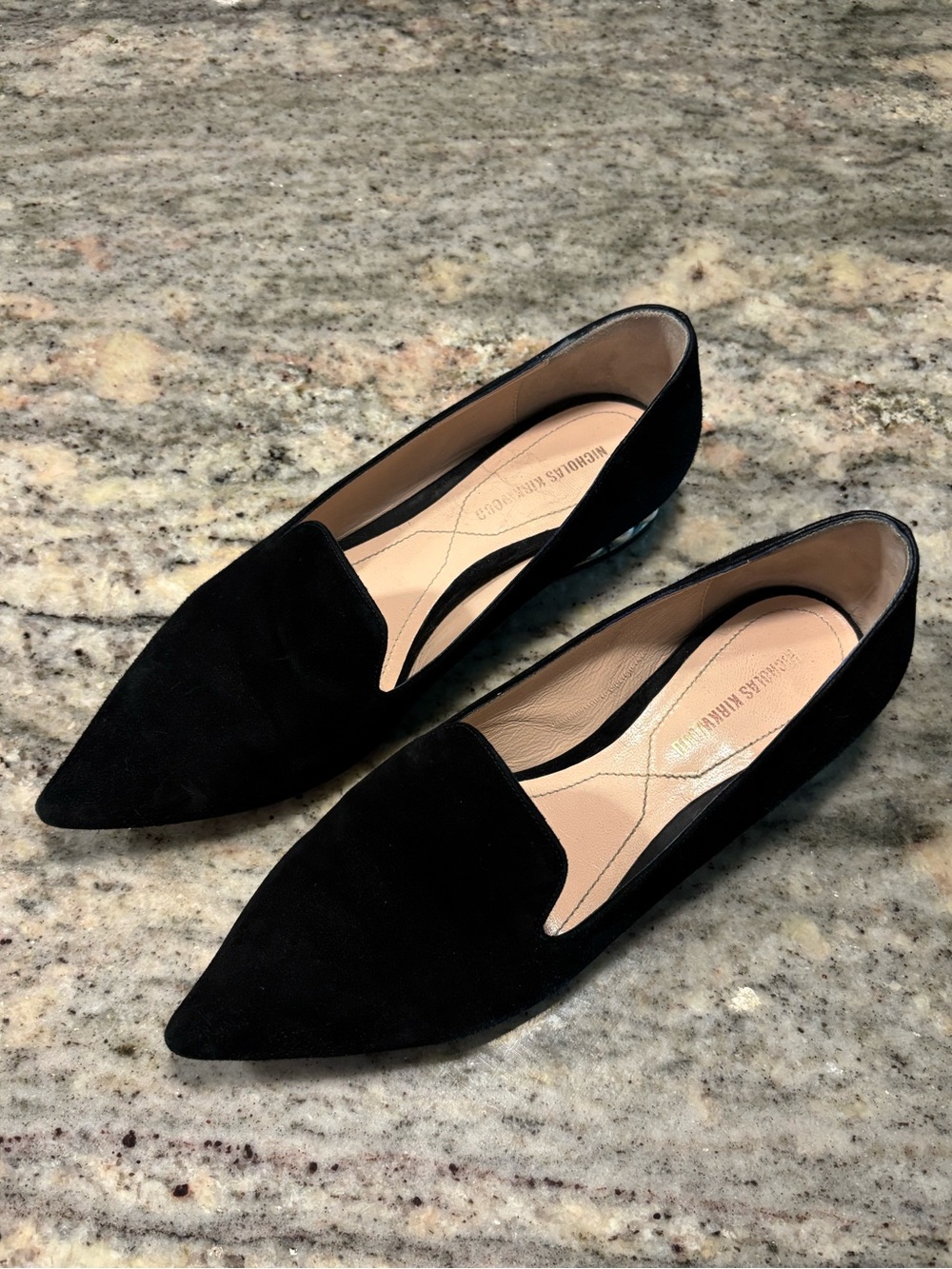 Nicholas Kirkwood Pointed Toe Black Suede Loafers with Pear Heels Sz 35 REPAIRED
